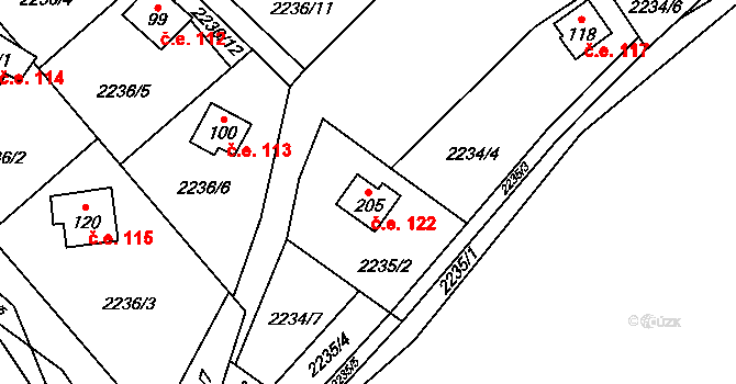 Skalice 122 na parcele st. 205 v KÚ Skalice nad Lužnicí, Katastrální mapa