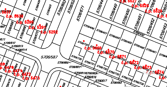 Jihlava 5669 na parcele st. 5706/720 v KÚ Jihlava, Katastrální mapa