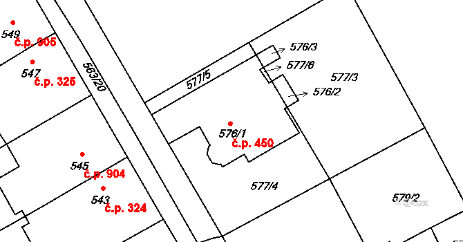 Kopřivnice 450 na parcele st. 576/1 v KÚ Kopřivnice, Katastrální mapa