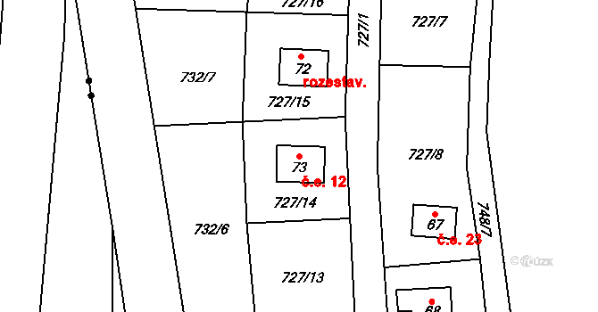 Popelištná 12, Červená Řečice na parcele st. 73 v KÚ Popelištná, Katastrální mapa