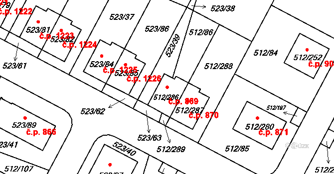 Srubec 869 na parcele st. 512/286 v KÚ Srubec, Katastrální mapa