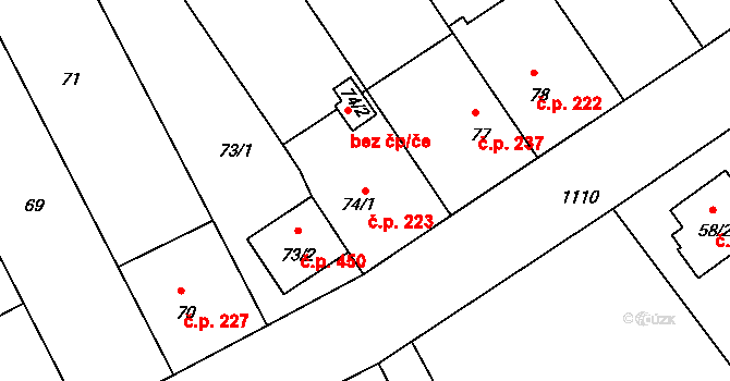 Štěnovice 223 na parcele st. 74/1 v KÚ Štěnovice, Katastrální mapa