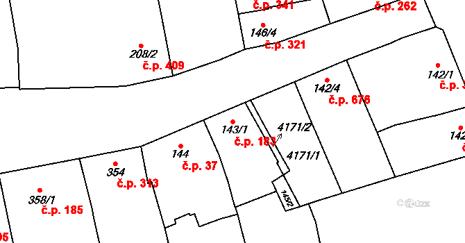 Hrušovany nad Jevišovkou 183 na parcele st. 143/1 v KÚ Hrušovany nad Jevišovkou, Katastrální mapa
