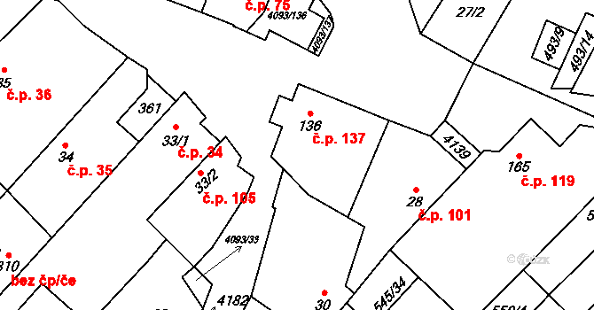 Trstěnice 137 na parcele st. 136 v KÚ Trstěnice u Moravského Krumlova, Katastrální mapa