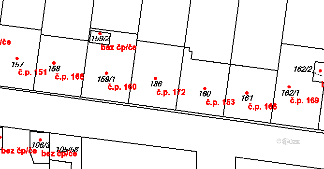 Měšice 172 na parcele st. 186 v KÚ Měšice u Prahy, Katastrální mapa