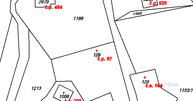 Ostravice 67 na parcele st. 129 v KÚ Ostravice 1, Katastrální mapa