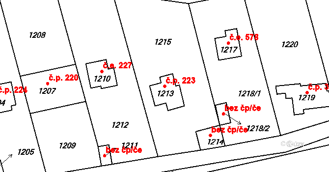 Hlásná Třebaň 223 na parcele st. 1213 v KÚ Hlásná Třebaň, Katastrální mapa