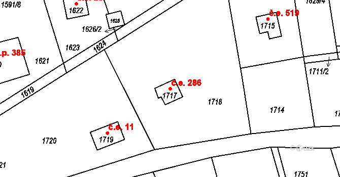 Rovina 286, Hlásná Třebaň na parcele st. 1717 v KÚ Hlásná Třebaň, Katastrální mapa
