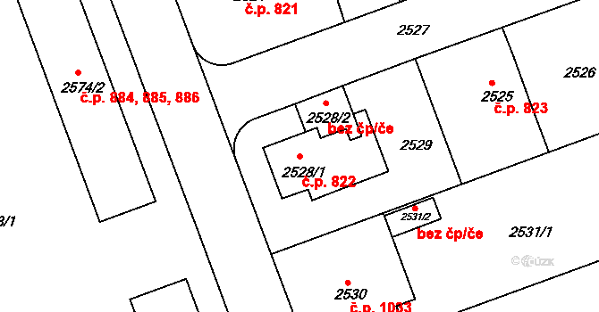 Hulín 822 na parcele st. 2528/1 v KÚ Hulín, Katastrální mapa