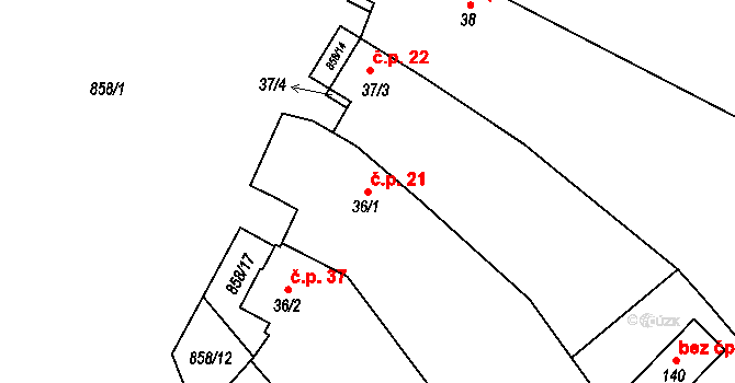 Želechovice 21 na parcele st. 36/1 v KÚ Želechovice u Uničova, Katastrální mapa