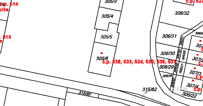 Kuřívody 533,534,535,536,537,, Ralsko na parcele st. 305/1 v KÚ Kuřívody, Katastrální mapa