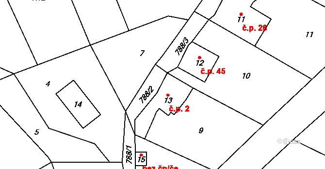 Lhota 2, Chuchelna na parcele st. 13 v KÚ Lhota Komárov, Katastrální mapa