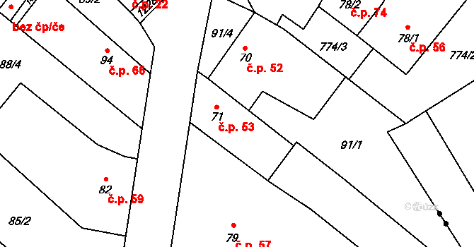 Koválovice u Tištína 53, Koválovice-Osíčany na parcele st. 71 v KÚ Koválovice u Tištína, Katastrální mapa