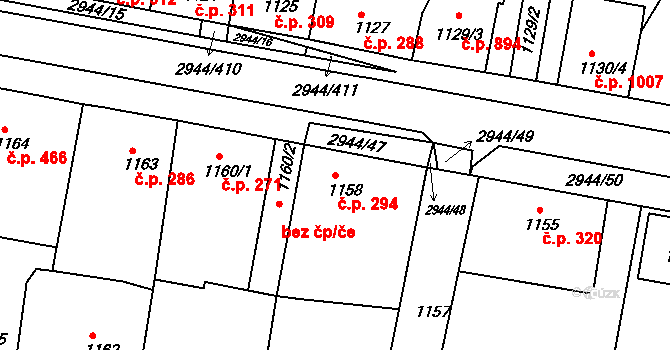 Žebětín 294, Brno na parcele st. 1158 v KÚ Žebětín, Katastrální mapa