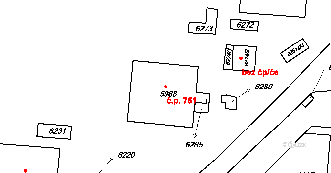 Bystrc 751, Brno na parcele st. 5968 v KÚ Bystrc, Katastrální mapa