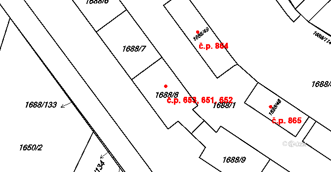 Jundrov 651,652,653, Brno na parcele st. 1688/8 v KÚ Jundrov, Katastrální mapa