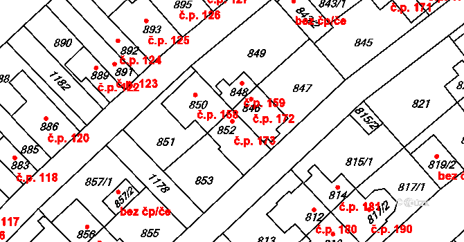 Prosek 173, Praha na parcele st. 852 v KÚ Prosek, Katastrální mapa
