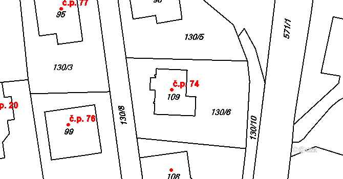 Třebsko 74 na parcele st. 109 v KÚ Třebsko, Katastrální mapa