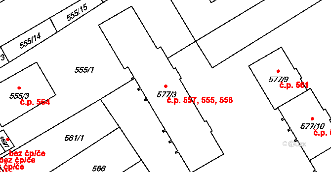 Zbýšov 555,556,557 na parcele st. 577/3 v KÚ Zbýšov u Oslavan, Katastrální mapa