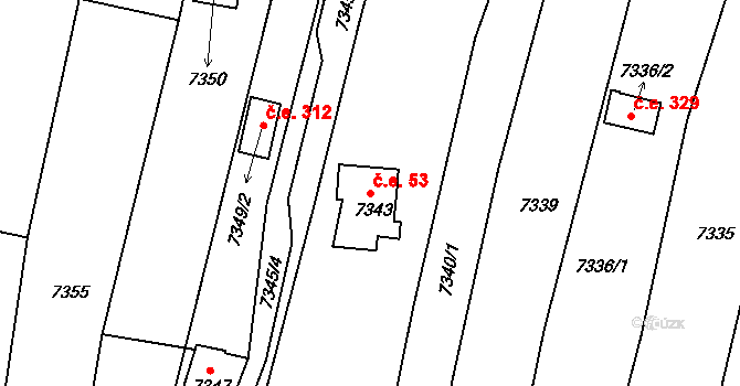 Střelice 53 na parcele st. 7343 v KÚ Střelice u Brna, Katastrální mapa
