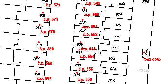 Prostějov 553 na parcele st. 929 v KÚ Prostějov, Katastrální mapa