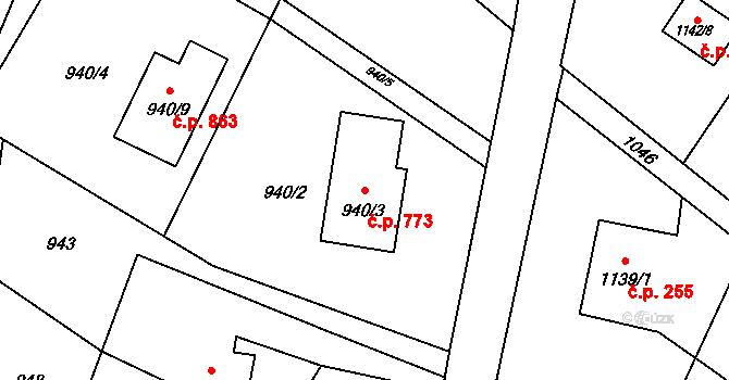 Skřečoň 773, Bohumín na parcele st. 940/3 v KÚ Skřečoň, Katastrální mapa