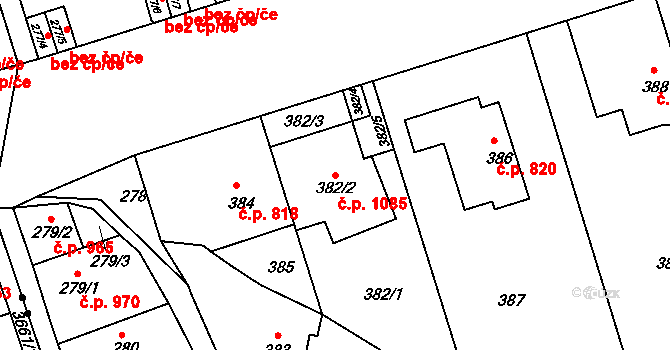 Střešovice 1085, Praha na parcele st. 382/2 v KÚ Střešovice, Katastrální mapa