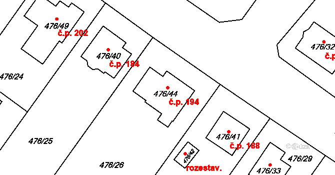 Želatovice 194 na parcele st. 476/44 v KÚ Želatovice, Katastrální mapa
