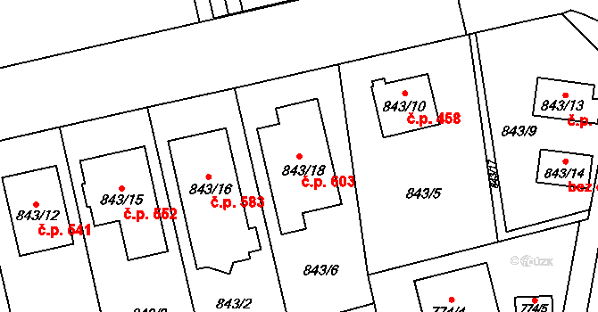 Koterov 603, Plzeň na parcele st. 843/18 v KÚ Hradiště u Plzně, Katastrální mapa