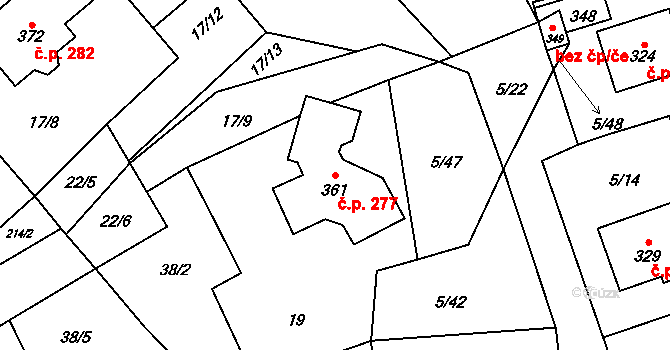Dolní Bučice 277, Vrdy na parcele st. 361 v KÚ Dolní Bučice, Katastrální mapa