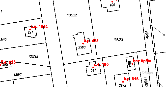 Rajchardov 423, Hradištko na parcele st. 2580 v KÚ Hradištko pod Medníkem, Katastrální mapa