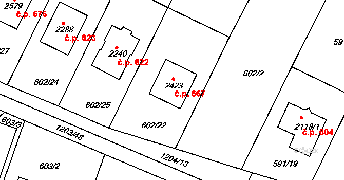 Telč-Staré Město 667, Telč na parcele st. 2423 v KÚ Telč, Katastrální mapa