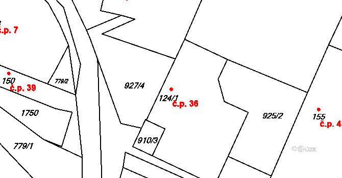 Karlov-Nepomuk 36, Dražíč na parcele st. 124/1 v KÚ Dražíč, Katastrální mapa