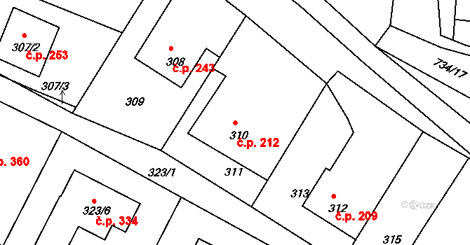 Lípa 212 na parcele st. 310 v KÚ Lípa nad Dřevnicí, Katastrální mapa