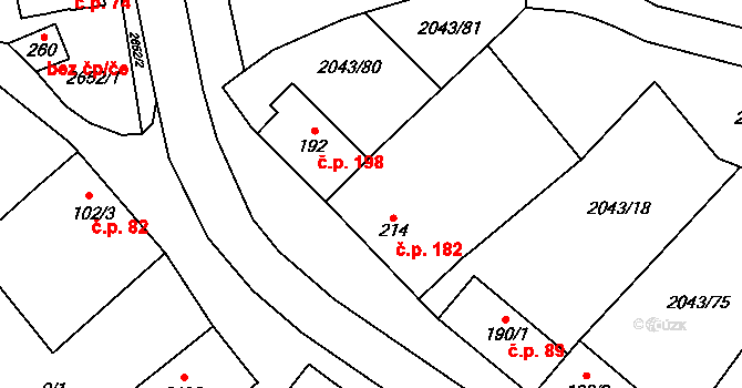 Mouřínov 182 na parcele st. 214 v KÚ Mouřínov, Katastrální mapa