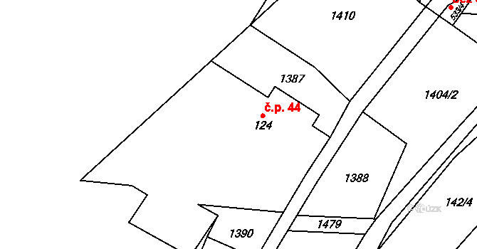 Hanušovice 44 na parcele st. 124 v KÚ Hanušovice, Katastrální mapa