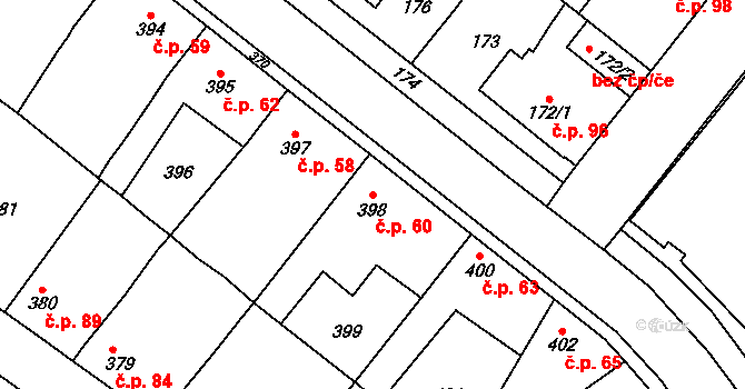 Jinočany 60 na parcele st. 398 v KÚ Jinočany, Katastrální mapa