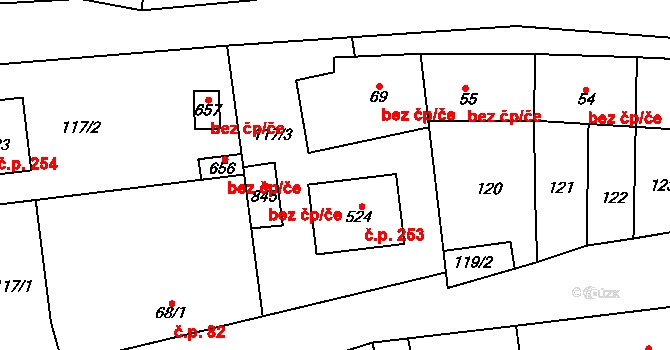 Třebotov 253 na parcele st. 524 v KÚ Třebotov, Katastrální mapa