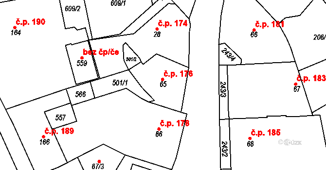 Břasy 176 na parcele st. 65 v KÚ Břasy, Katastrální mapa