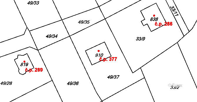 Dobřív 377 na parcele st. 910 v KÚ Dobřív, Katastrální mapa