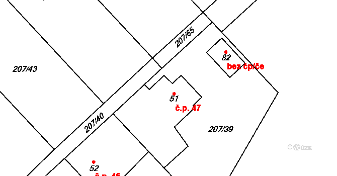 Podůlšany 47 na parcele st. 51 v KÚ Podůlšany, Katastrální mapa