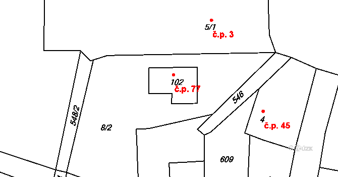 Hoděšovice 77, Býšť na parcele st. 102 v KÚ Hoděšovice, Katastrální mapa