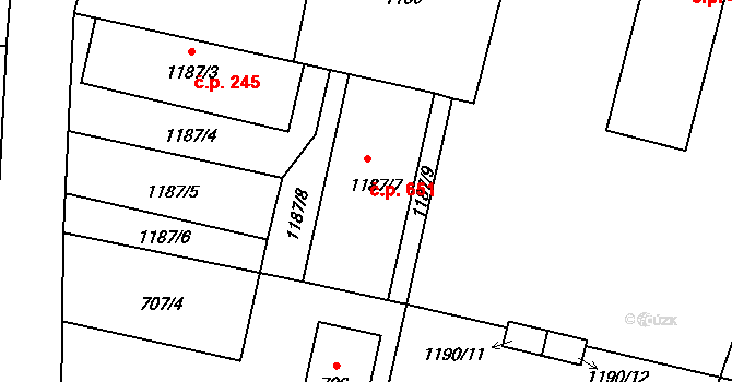 Slušovice 651 na parcele st. 1187/7 v KÚ Slušovice, Katastrální mapa