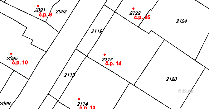 Gabrielka 14, Kamenice nad Lipou na parcele st. 2118/1 v KÚ Kamenice nad Lipou, Katastrální mapa