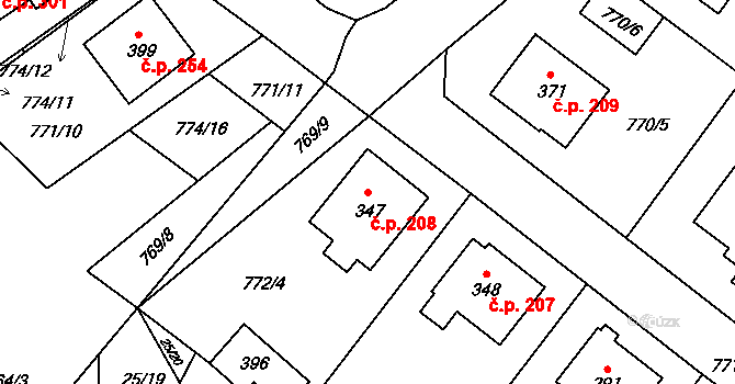 Košetice 208 na parcele st. 347 v KÚ Košetice, Katastrální mapa