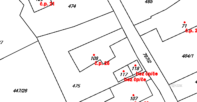 Klouzovy 25, Chotěboř na parcele st. 108 v KÚ Klouzovy u Chotěboře, Katastrální mapa