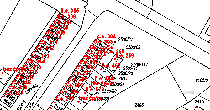 Hustopeče 260 na parcele st. 2500/62 v KÚ Hustopeče u Brna, Katastrální mapa