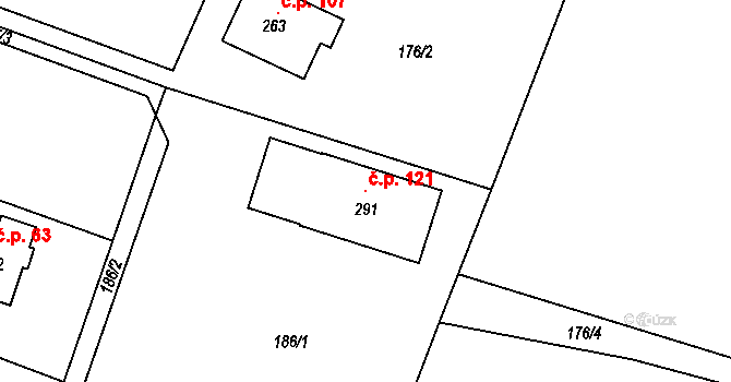 Hrubá Horka 121, Železný Brod na parcele st. 291 v KÚ Hrubá Horka, Katastrální mapa