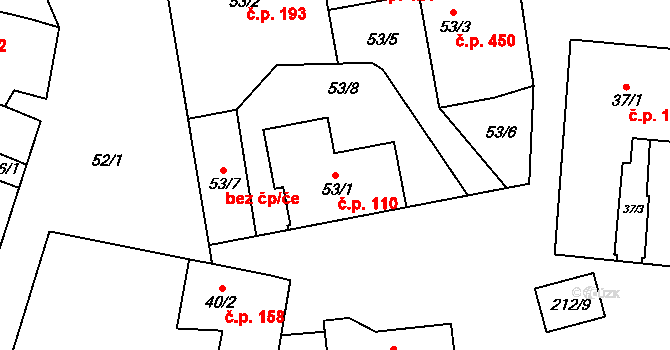 Hodonice 110 na parcele st. 53/1 v KÚ Hodonice, Katastrální mapa