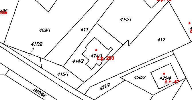Srubec 290 na parcele st. 414/3 v KÚ Srubec, Katastrální mapa